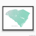 South Carolina state map print with natural landscape in aqua tints designed by Maps As Art.