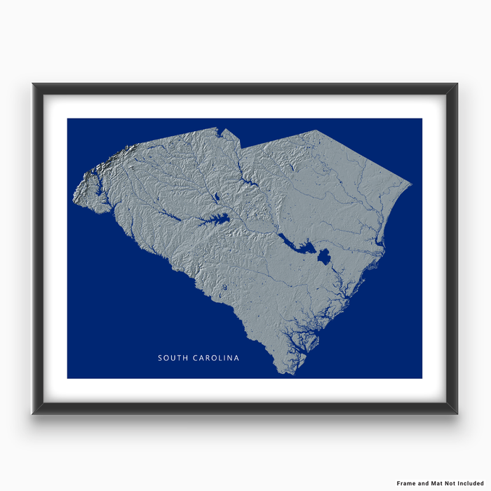 South Carolina state map print with natural landscape in greyscale and a navy blue background designed by Maps As Art.