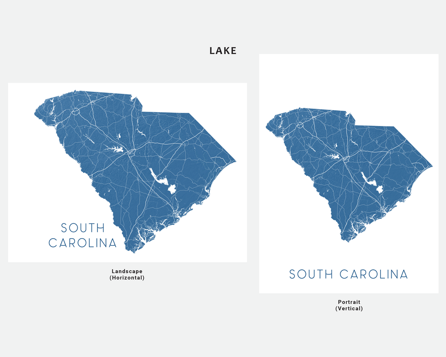 South Carolina state map print in Lake by Maps As Art.