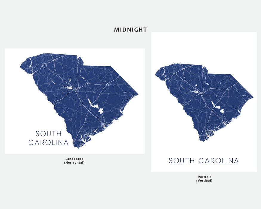 South Carolina state map print in Midnight by Maps As Art.