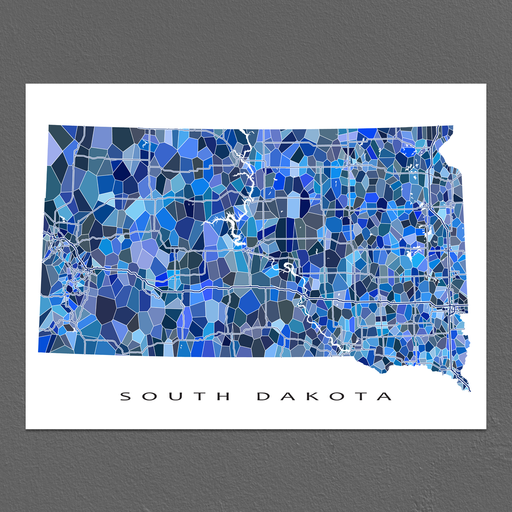 South Dakota state map art print in blue shapes designed by Maps As Art.