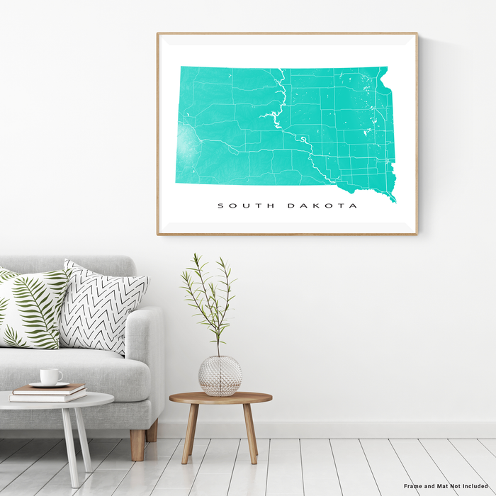 South Dakota state map print with natural landscape and main roads in Turquoise designed by Maps As Art.