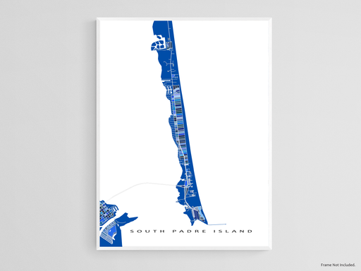 South Padre Island, Texas map art print in blue shapes designed by Maps As Art.