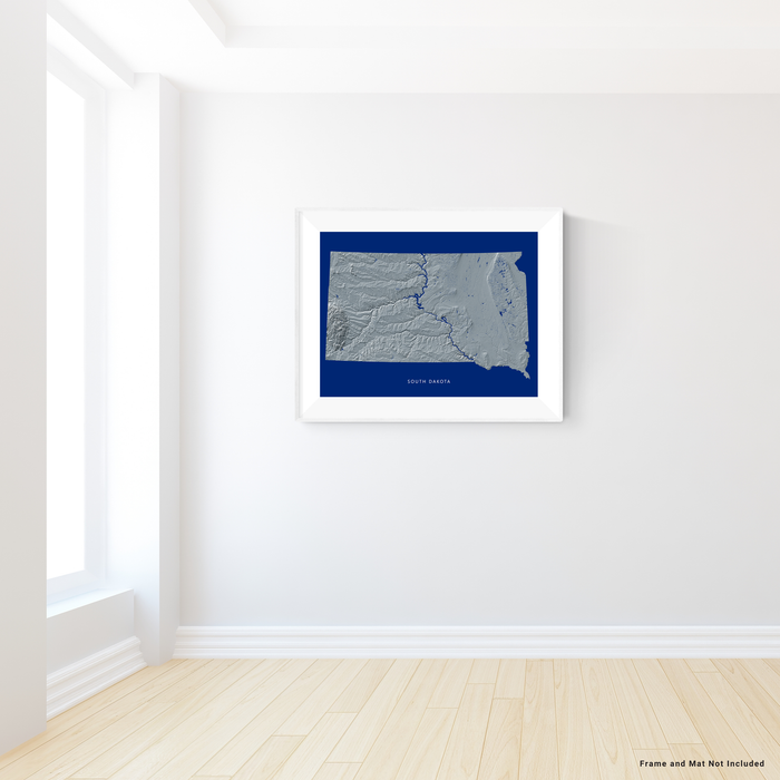 South Dakota state map print with natural landscape in greyscale and a navy blue background designed by Maps As Art.