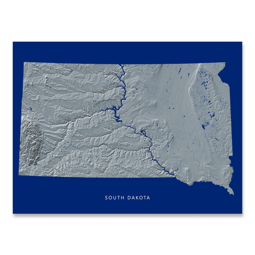 South Dakota state map print with natural landscape in greyscale and a navy blue background designed by Maps As Art.