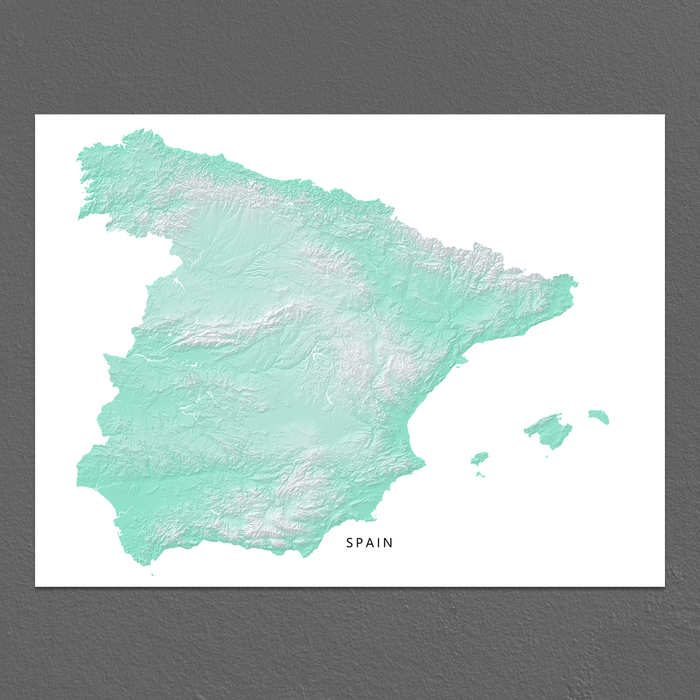 Spain map print with natural landscape in aqua tints designed by Maps As Art.