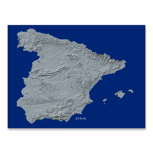 Spain map print with natural landscape in greyscale and a navy blue background designed by Maps As Art.