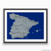 Spain map print with natural landscape in greyscale and a navy blue background designed by Maps As Art.