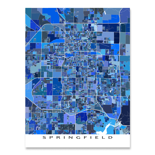 Springfield, Missouri map art print in blue shapes designed by Maps As Art.