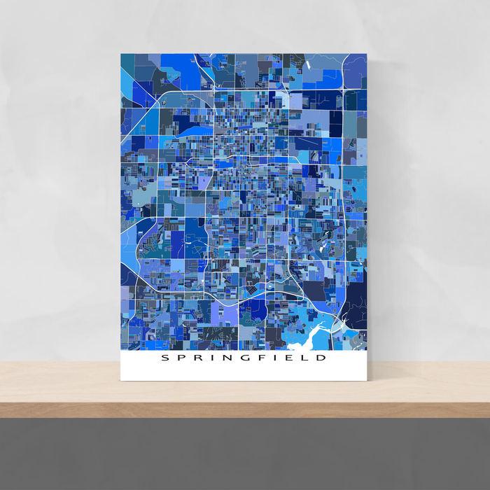 Springfield, Missouri map art print in blue shapes designed by Maps As Art.