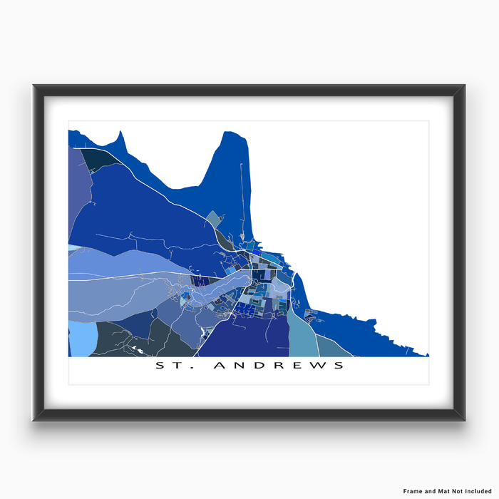 St. Andrews, Fife, Scotland map art print in blue shapes designed by Maps As Art.