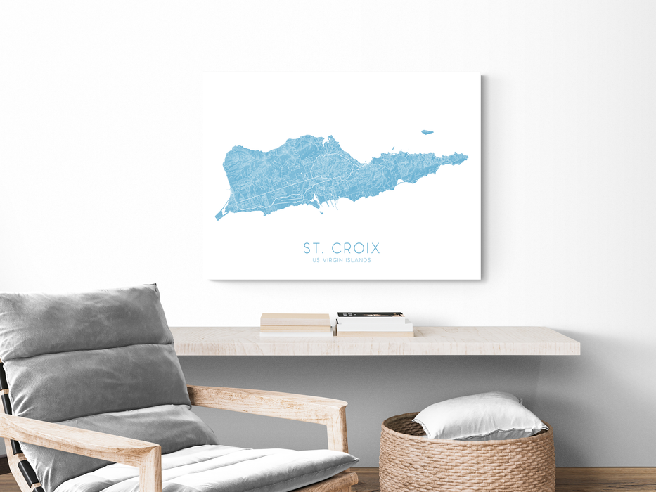 St. Croix USVI map print with plant and chair home decor by Maps As Art.