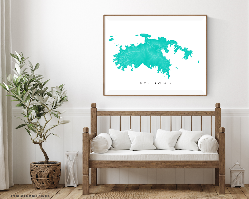 St. John, USVI map print with natural island landscape and main roads designed by Maps As Art.