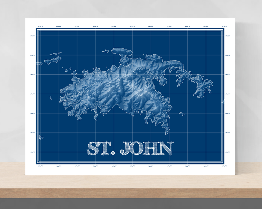 St. John USVI blueprint map art print designed by Maps As Art.