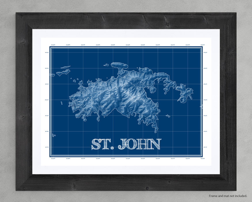 St. John USVI blueprint map art print designed by Maps As Art.