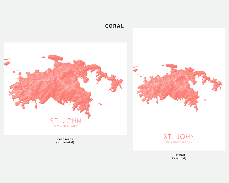 St. John US Virgin Islands map print in Coral by Maps As Art.