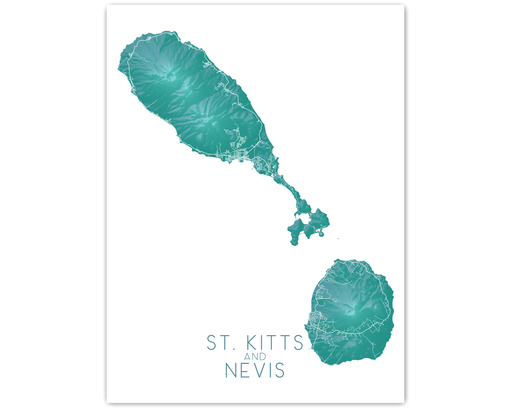 St. Kitts and Nevis map print with a turquoise topographic design by Maps As Art.