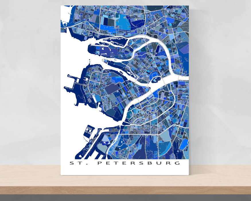 St. Petersburg, Russia map art print in blue shapes designed by Maps As Art.