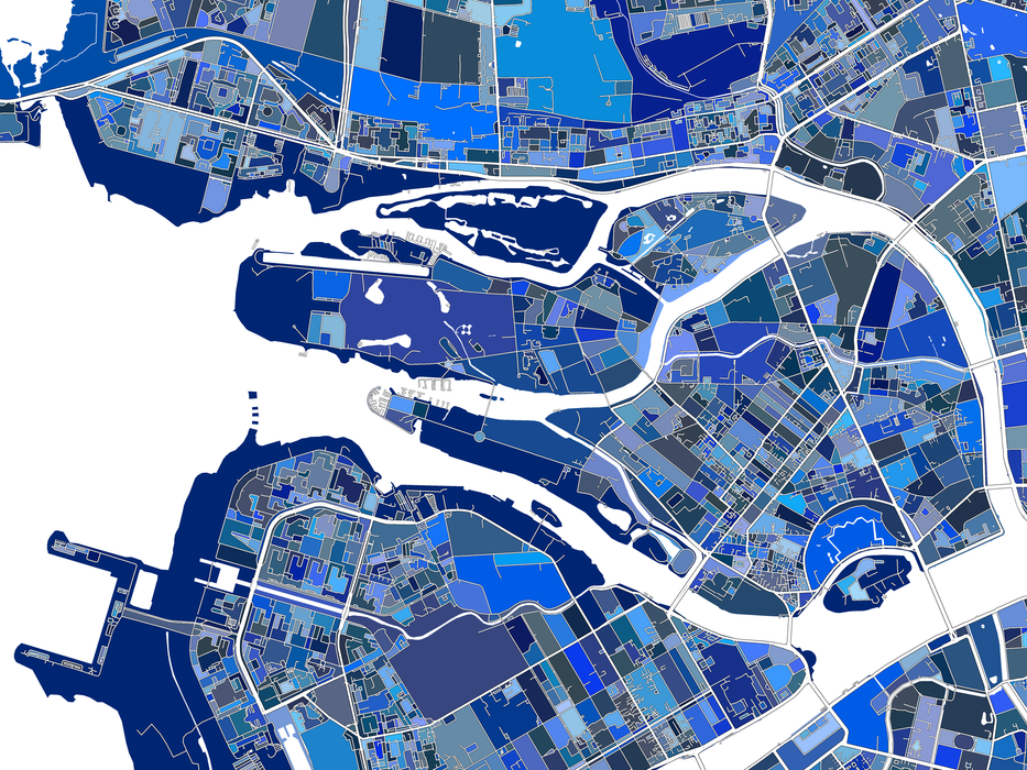 St. Petersburg, Russia map art print in blue shapes designed by Maps As Art.