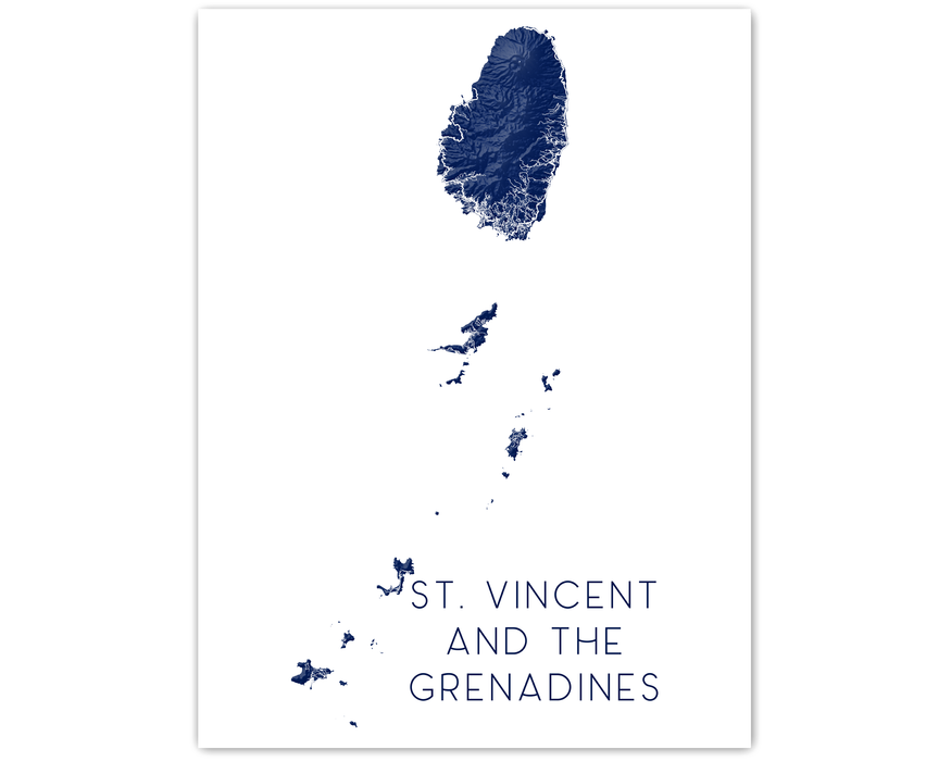 St Vincent and the Grenadines islands map print with a 3D topographic landscape design by Maps As Art.
