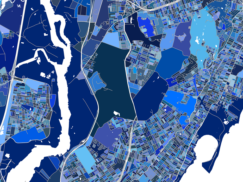 Staten Island, NYC map art print in blue shapes designed by Maps As Art.