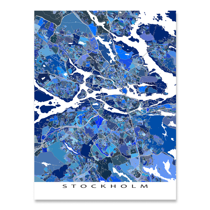 Stockholm, Sweden map art print in blue shapes designed by Maps As Art.