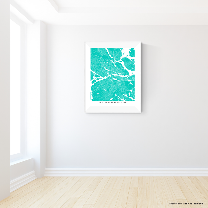 Stockholm, Sweden map print with city streets and roads in Turquoise designed by Maps As Art.