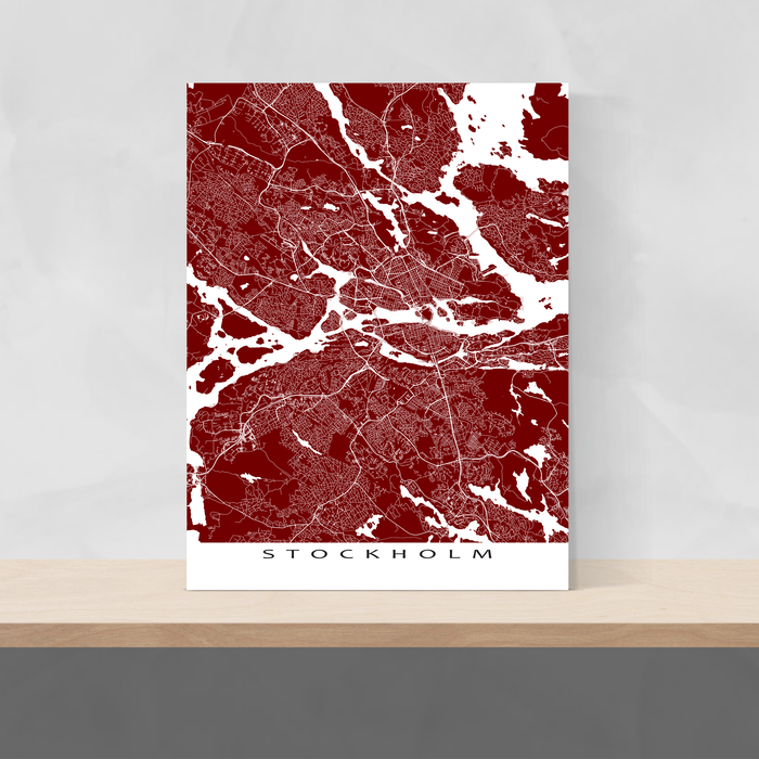 Stockholm, Sweden map print with city streets and roads in Merlot designed by Maps As Art.