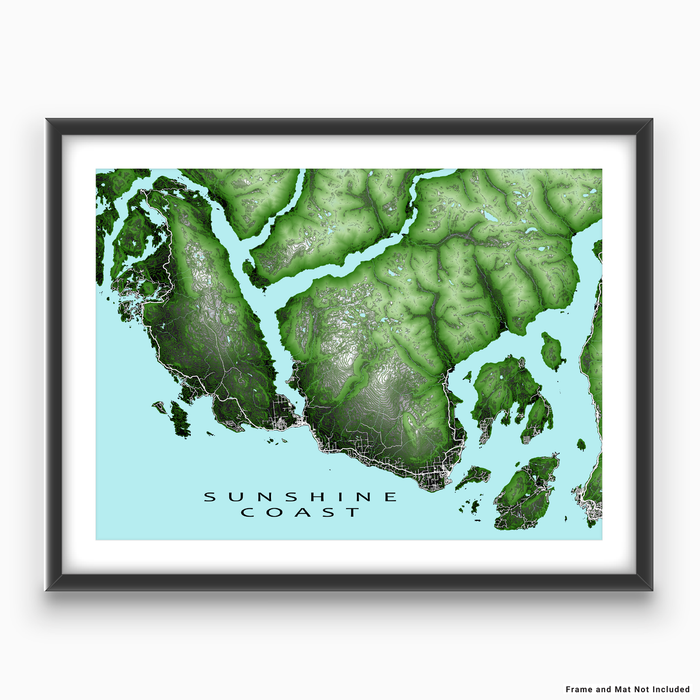 Sunshine Coast, BC, Canada map print with natural landscape and main roads designed by Maps As Art.