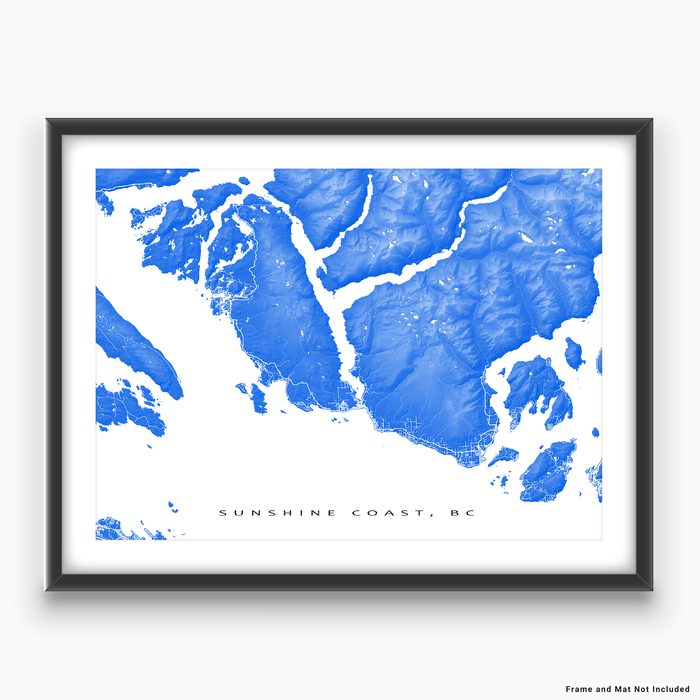 Sunshine Coast, BC, Canada map print with natural landscape and main roads in Blue designed by Maps As Art.