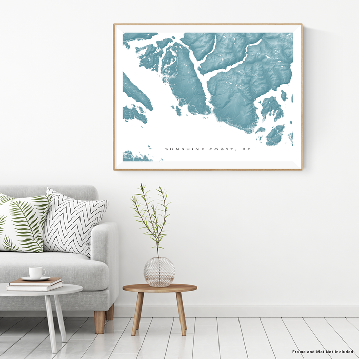 Sunshine Coast, BC, Canada map print with natural landscape and main roads in Marine designed by Maps As Art.