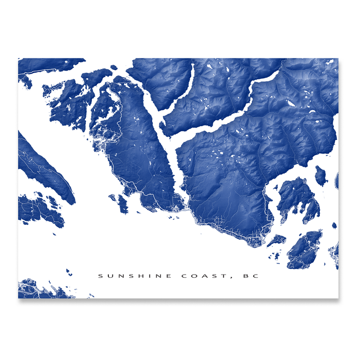 Sunshine Coast, BC, Canada map print with natural landscape and main roads in Navy designed by Maps As Art.