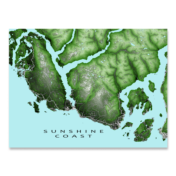 Sunshine Coast, BC, Canada map print with natural landscape and main roads designed by Maps As Art.