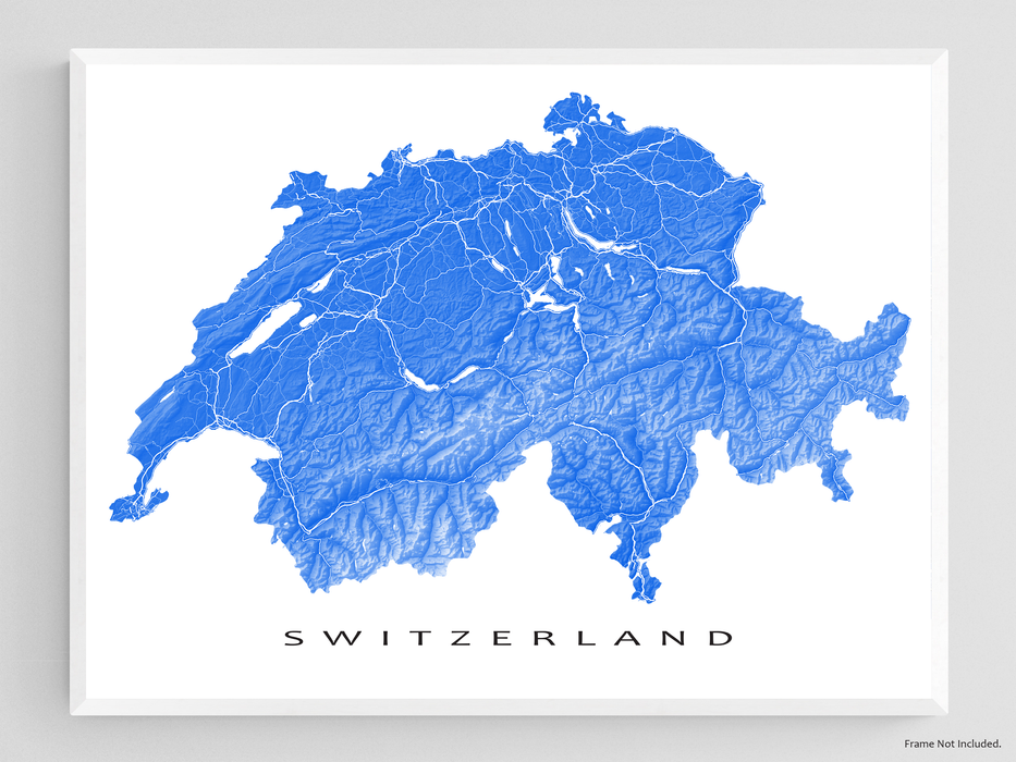 Switzerland map print with natural landscape and main roads designed by Maps As Art.