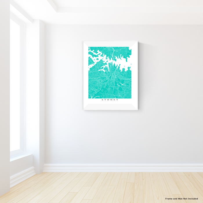 Sydney, Australia map print with city streets and roads in Turquoise designed by Maps As Art.