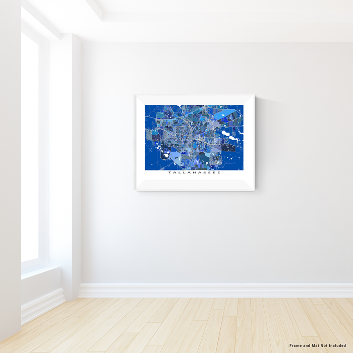 Tallahassee, Florida map art print in blue shapes designed by Maps As Art.