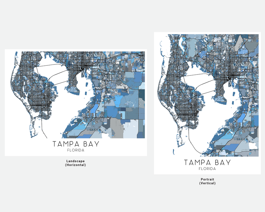 Tampa Bay Florida city map print with a denim blue design by Maps As Art.