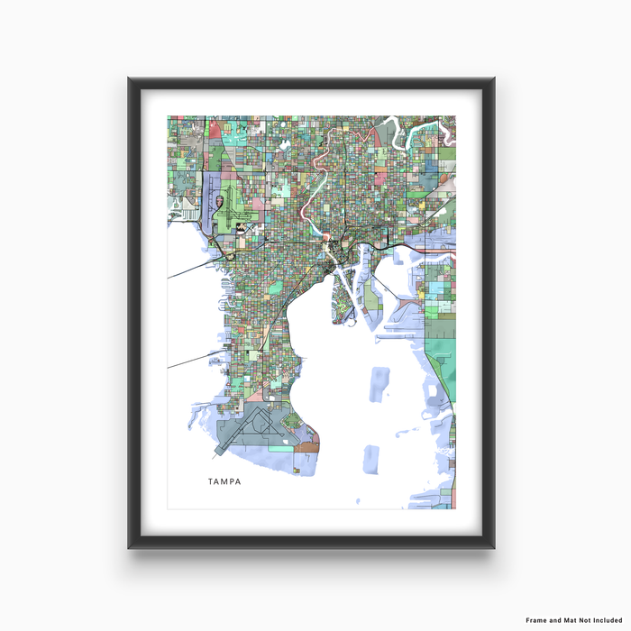 Tampa, Florida map art print in colorful shapes designed by Maps As Art.