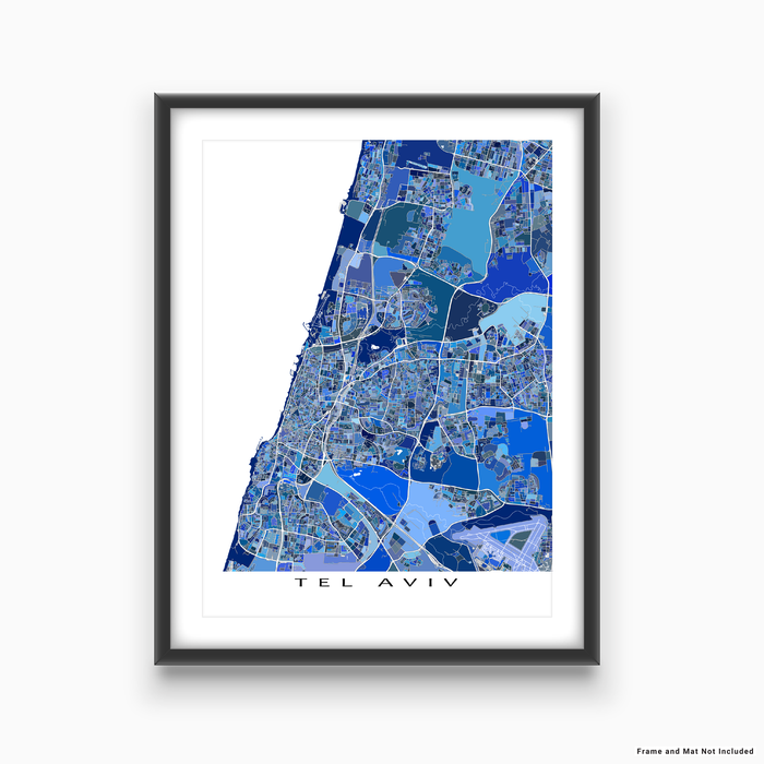 Tel Aviv, Israel map art print in blue shapes designed by Maps As Art.
