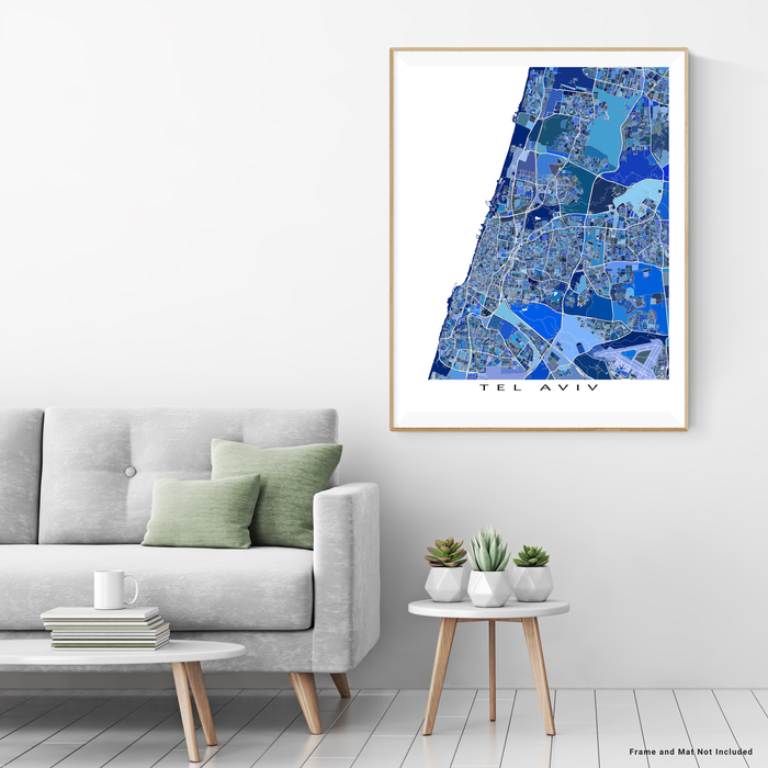 Tel Aviv, Israel map art print in blue shapes designed by Maps As Art.