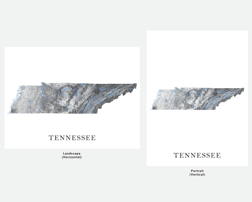 Tennessee state map print with a black and white topographic design by Maps As Art.