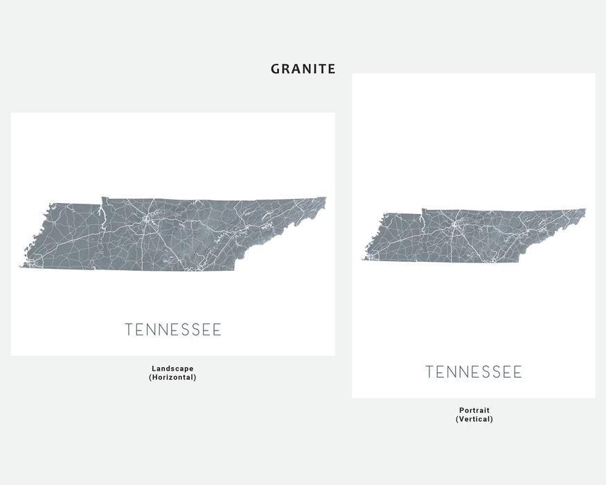 Tennessee state map print in Granite by Maps As Art.