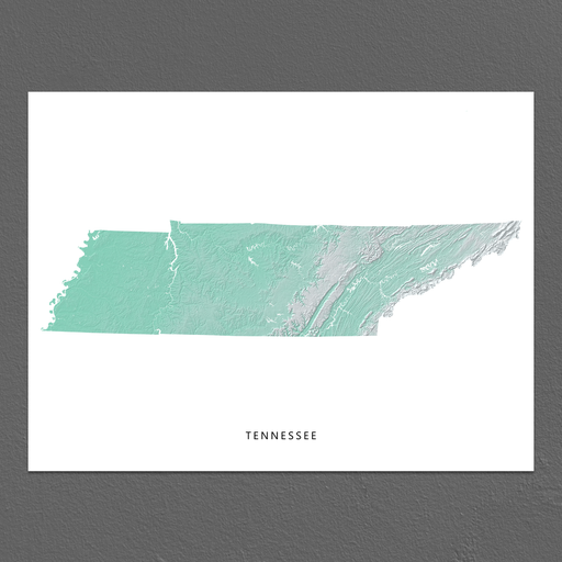 Tennessee state map print with natural landscape in aqua tints designed by Maps As Art.