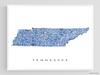 Tennessee state map art print in blue shapes designed by Maps As Art.