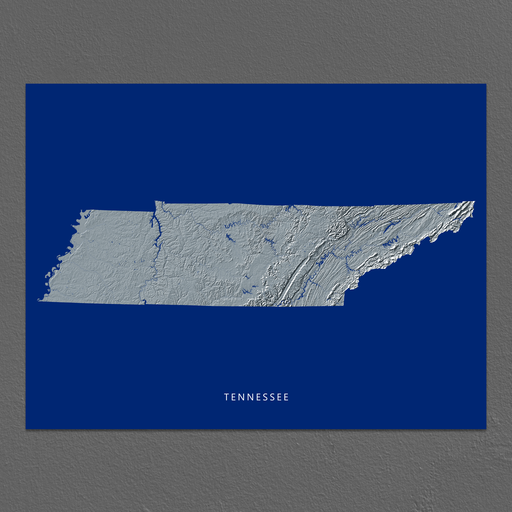 Tennessee state map print with natural landscape in greyscale and a navy blue background designed by Maps As Art.