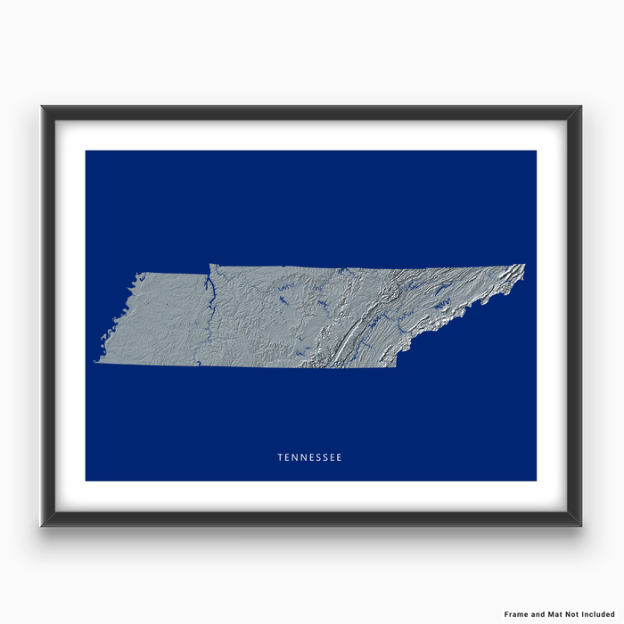 Tennessee state map print with natural landscape in greyscale and a navy blue background designed by Maps As Art.