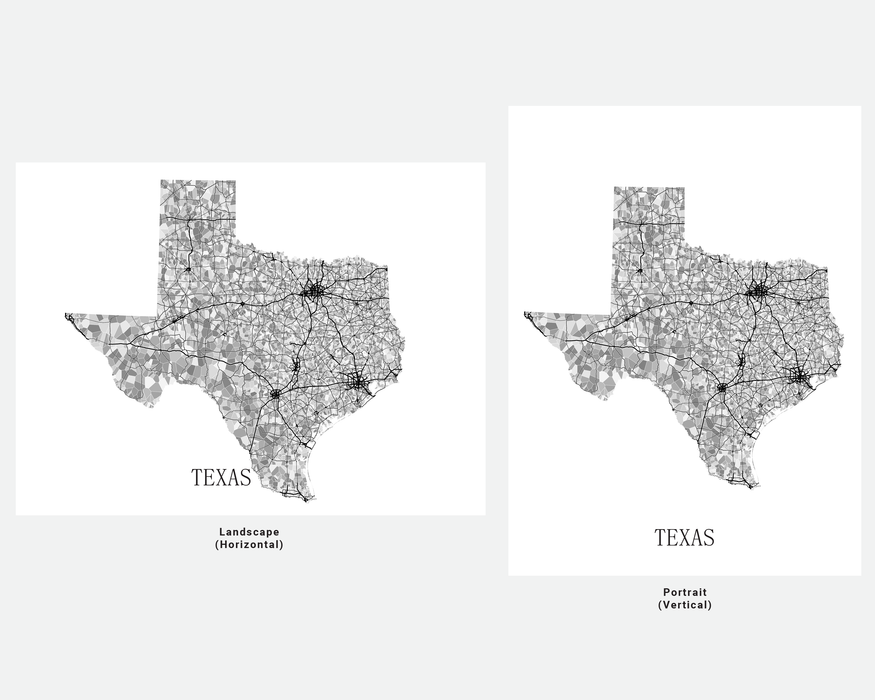 Texas map print in black and white shapes by Maps As Art.