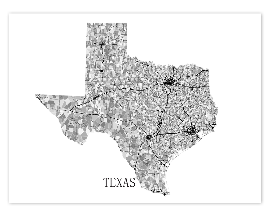 Texas map print in black and white shapes by Maps As Art.