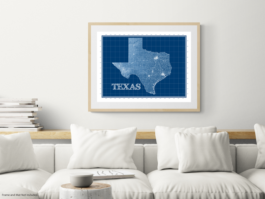 Texas state blueprint map art print designed by Maps As Art.