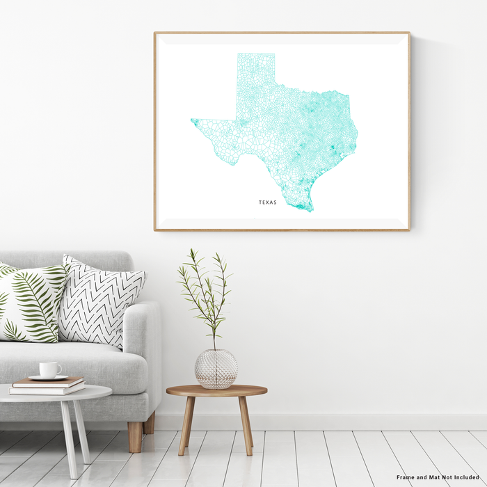 Texas state map art print in a geometric, minimalist style designed by Maps As Art.